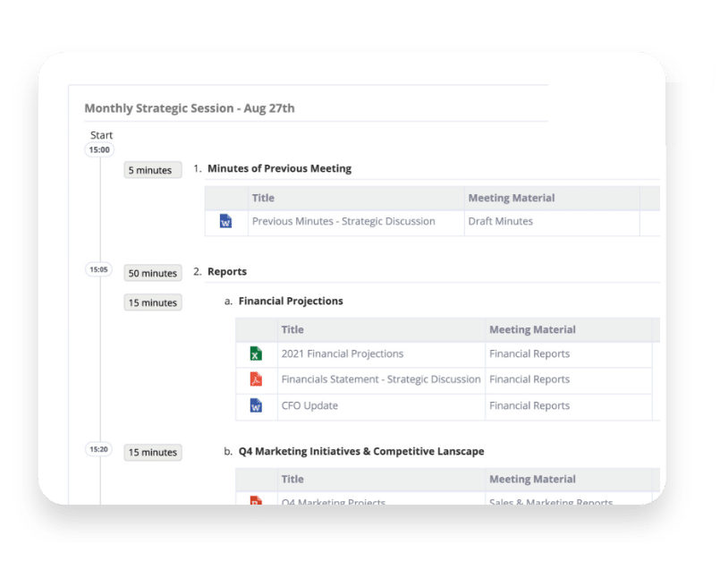 Aprio agenda builder: a timed board meeting agenda with the meeting materials attached to each item
