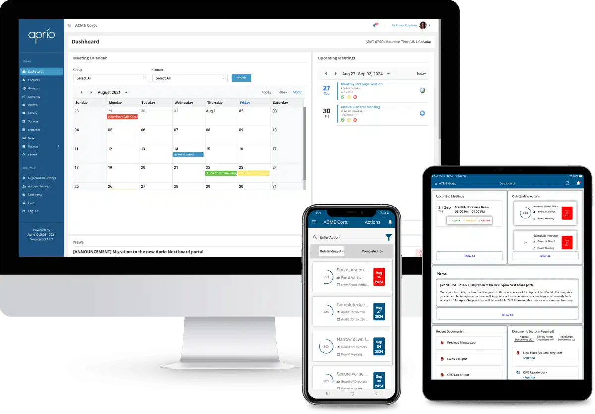 The Aprio board portal dashboard open on a desktop, phone and tablet